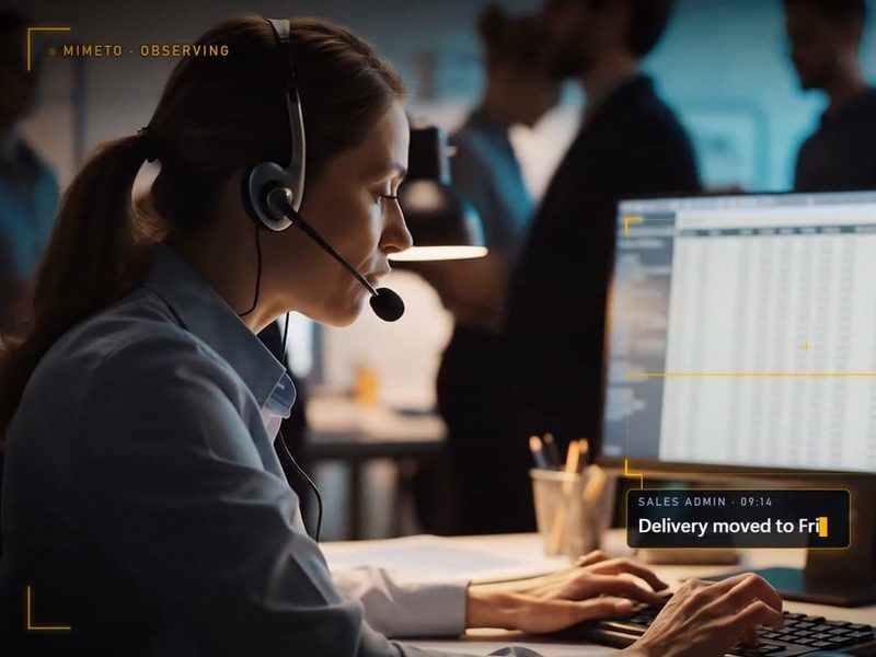 A sales administrator with a headset enters an order